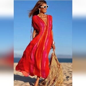 ZARA Watercolor Chiffon Tie Dye V Neck Tie Beaded Side Ties Maxi Dress Boho Sz S